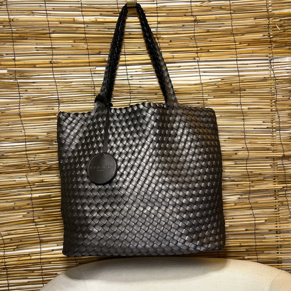 Woven reversible Leather Tote Bag in black and silver  - Designer Style